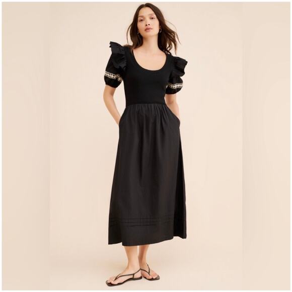 Cleobella Dresses & Skirts - Cleobella Selma Midi Dress Black Puff Sleeve Boho Cottagecore Size Large NWT